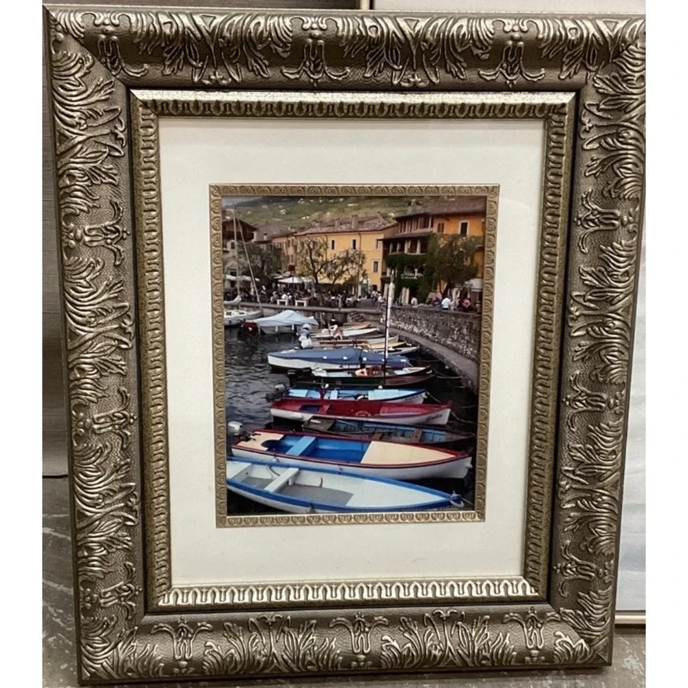 Framed Photograph Mediterranean Harbor Coastal Village Wall Art Silver Frame